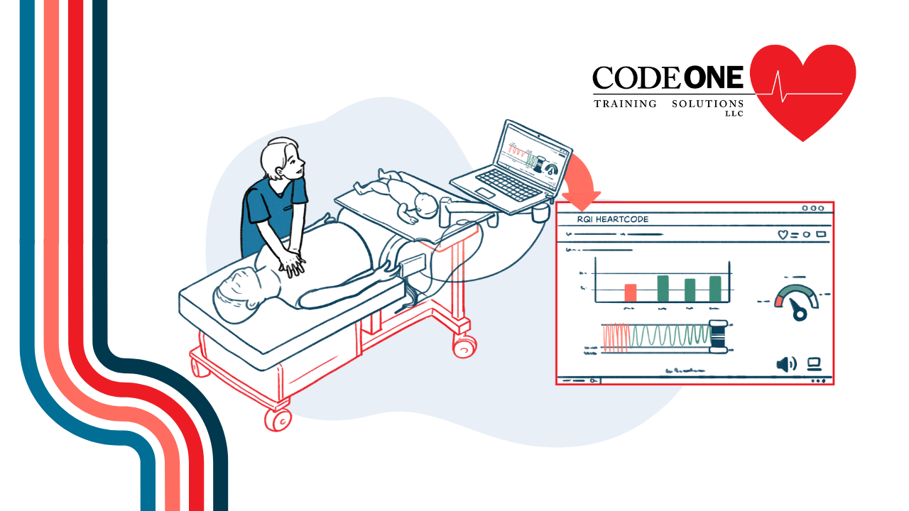 Illustration of a person practicing CPR on a manikin while connected to a laptop displaying RQI HeartCode feedback. The setup includes a second baby manikin and features the Code One Training Solutions logo.